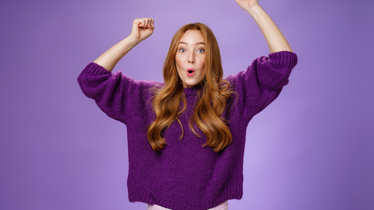 Excited Thrilled Woman Reacting Unexpected Goal Raising Hands Wave Gesture Folding Lips Inhaling Breath Scream Yes Wow Being Impressed Triumphing From Success Good News